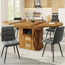 Extendable Dining Table 118-158cm, Dining Table With Rattan Storage Drawers, MDF Wood Look, Black & Natural Oak Style - Brown - View 7