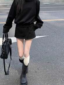 Setelan Kasual Wanita 2 Potong, Sweatshirt Lengan Panjang Longgar - Hitam - View 9