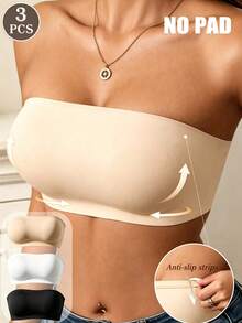 3pcs/Pack Women's Seamless Strapless Wireless Bra, Elastic Skin-Friendly Breathable Bandeau Style Underwear, Suitable For Cold Shoulder Dress Occasions - Multicolor - View 1