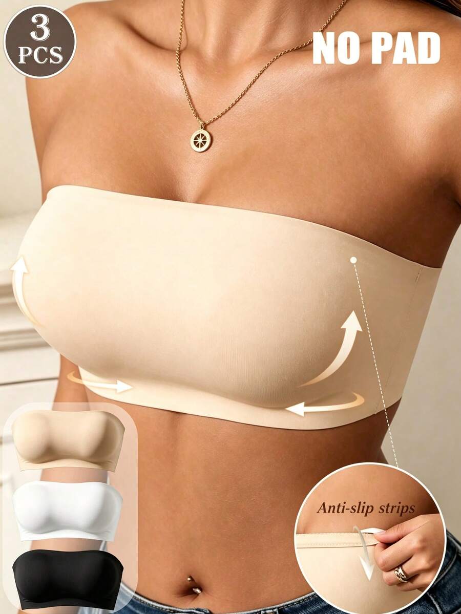 3pcs/Pack Women's Seamless Strapless Wireless Bra, Elastic Skin-Friendly Breathable Bandeau Style Underwear, Suitable For Cold Shoulder Dress Occasions - Multicolor - View 1
