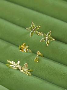 3pcs French Niche Design Green Zirconia Butterfly Ring Set, Vintage Romantic Full Rhinestone Forest Flower Water Drop Open Rings, Suitable For Women Daily Wear And Party, Exquisite Gift For Family And Friends - Olive Green - View 4