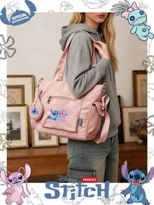Miniso Disney Stitch & Angel Enjoy Time Together 文字印花托特包 2 件組附零錢包，適合工作、旅行、購物與日常使用 - 粉色 - 查看 3