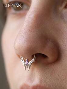 1pc S925 Sterling Silver Geometric Purple Rhinestone Septum Nose Ring, 14K Gold Plated Sterling Silver Nose Jewelry, Purple Rhinestone Septum Ornament, Hip-Hop Style, Nose/Ear Universal Jewelry, Suitable For Men/Women Daily Wear - Multicolor - View 8