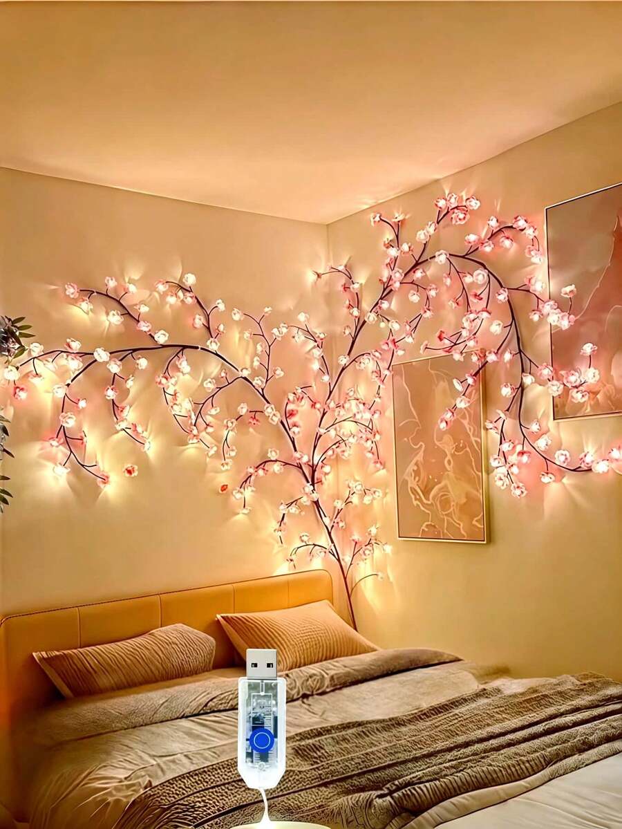1 Cherry Blossom Branch LED Light, USB Powered, 144 LED/96 LED/72 LED, 8 Flashing Modes, Soft And Bendable, Suitable For Indoor And Outdoor, Living Room, Bedroom, Wall, Wedding Decoration, Party Atmosphere Light, Valentine's Day, Birthday And Graduation Gift