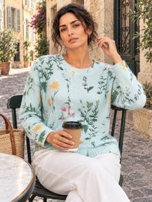 Women's Printed Long Sleeve Pullover Sweater, Ribbed Knit Detail, Regular Length, Polyester Medium Stretch Top, Suitable For Autumn/Winter Wear - Green - View 3