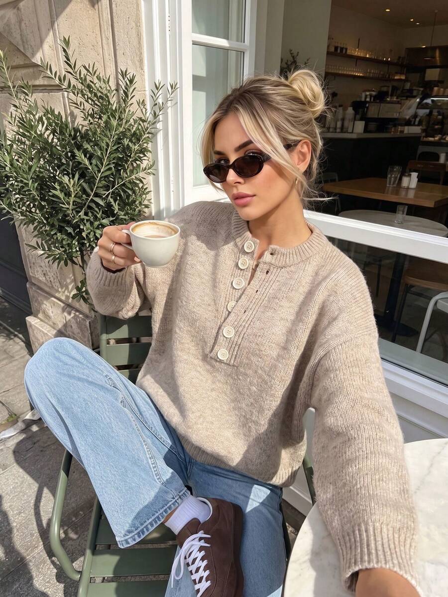 Autumn Back To School French Vintage Commuter Versatile, Khaki Round Neck Button Knit Sweater, Loose Soft Fluffy Cardigan - Khaki - View 1