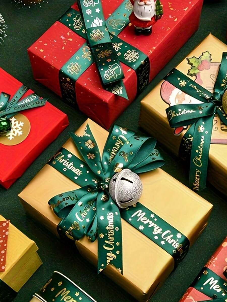 Pita, Tas Hadiah Natal, Pita Pembungkus Hadiah, Pita Satin Merah - Dekorasi Pesta Natal dengan Teks, Untuk Pembungkus Hadiah, Karangan Bunga, Garland - Pita Poliester Tahan Lama, Cocok untuk Kerajinan dan Dekorasi Hari Raya. - MultiWarna - View 1