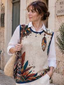Women's Bohemian Style Feather Print Knitted Tank Top, Round Neck Sleeveless Ribbed Knit Camisole, Medium Stretch, Suitable For Autumn/Winter - Apricot - View 6