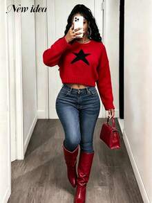 NEW IDEA Women's Casual Red Fall Winter Cropped Sweater, Round Neck Long Sleeve Black Star Pattern Crop Knit Top For Daily, Going Out & Party - Red - View 8