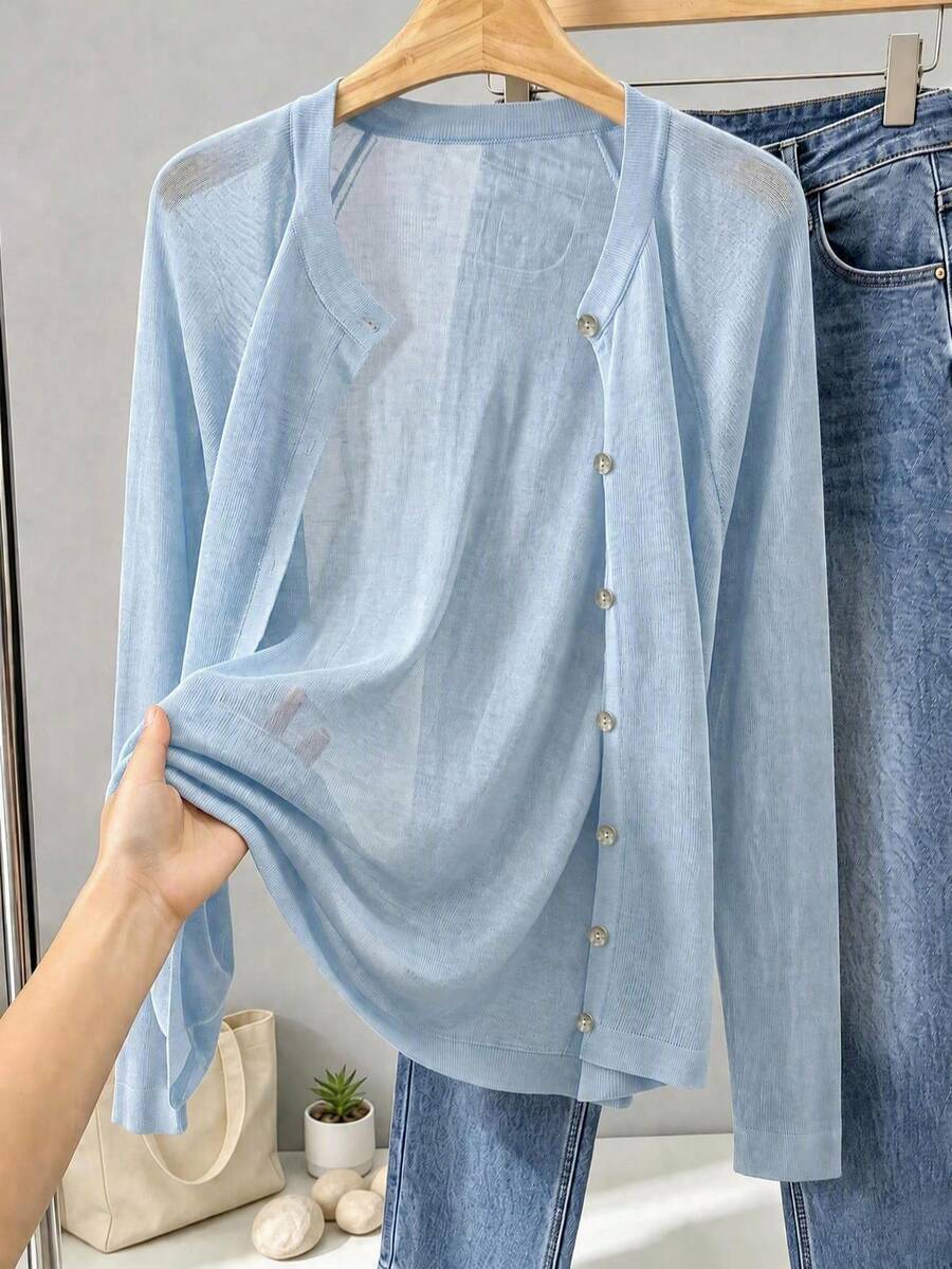 GIGOGOU 大尺碼 1XL-4XL 女款春夏薄款針織開襟衫,輕量休閒長袖鏤空外套 - 淺藍色 - 查看 1