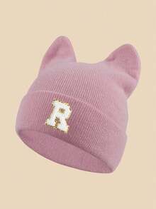 1pc Women's Bunny Ear Hat With Lettering & Cat Ears - Lightweight Warm Brimless Suitable For Winter, Christmas Thanksgiving ,Birthdays Gift - Pink - View 17