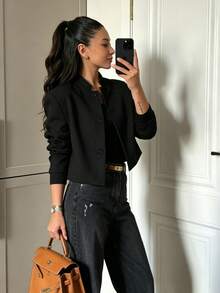 Women's Black Stand Collar Short Blazer, Button Front, Long Sleeve, Regular Length, Polyester Fabric, Non-Stretch, Suitable For Autumn Wear - Black - View 2