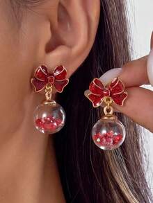 2pcs Creative Fashion Christmas Red & Green Bow Crystal Ball Women Earrings, Great Gift - Bow Crystal Ball - View 1