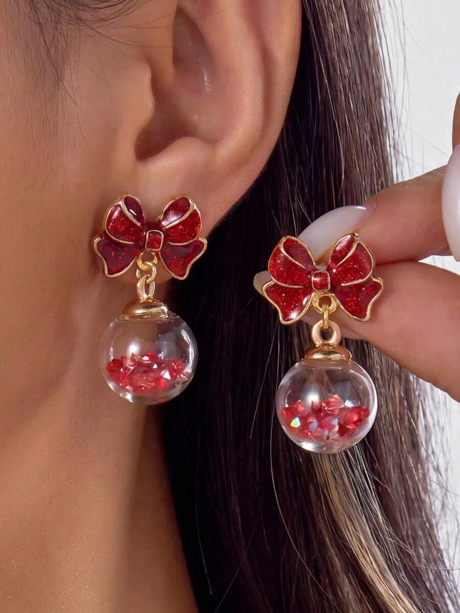 2pcs Creative Fashion Christmas Red & Green Bow Crystal Ball Women Earrings, Great Gift - Bow Crystal Ball - View 1