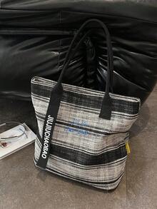 Striped Woven Tote Bag, Letter Printed Webbing Decor Large Capacity Shoulder Handbag, Wide Shoulder Strap Casual Bag For Women Daily Work School - Multicolor - View 8