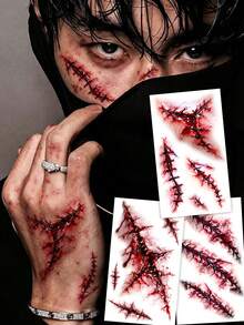 3pcs Halloween Red Scar Temporary Tattoo Stickers, Realistic Wound Effect, Stitch Scar, Zombie Makeup Accessories, Easy Temporary Tattoo (Halloween Party), Cosplay, Holiday Events - Red - View 7