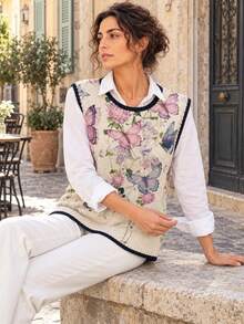 New Spring/Summer Women's Round Neck Sleeveless Tank Top, Butterfly & Floral Print, Colorblock Knit Trim, Suitable For Daily Wear - Blue-purple - View 8