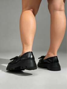 Women's Wide Fit Loafers Thick Platform Sole Bow Knot Slip-On Versatile Plus Size Shoes - Black Butterfly Flower - View 3