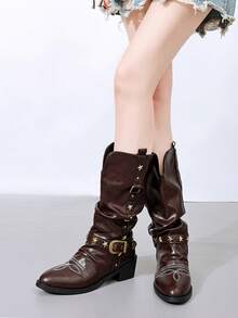 Women's Plus Size Pointed Toe Western Style Knee-High Boots, Star Metal Rivet Buckle Decor Slouchy High Shaft Boots, Chunky Square Low Heel Embroidered Tall Boots, Suitable For Daily Wear, Dating, Party, Autumn/Winter Outfits - Brown - View 5