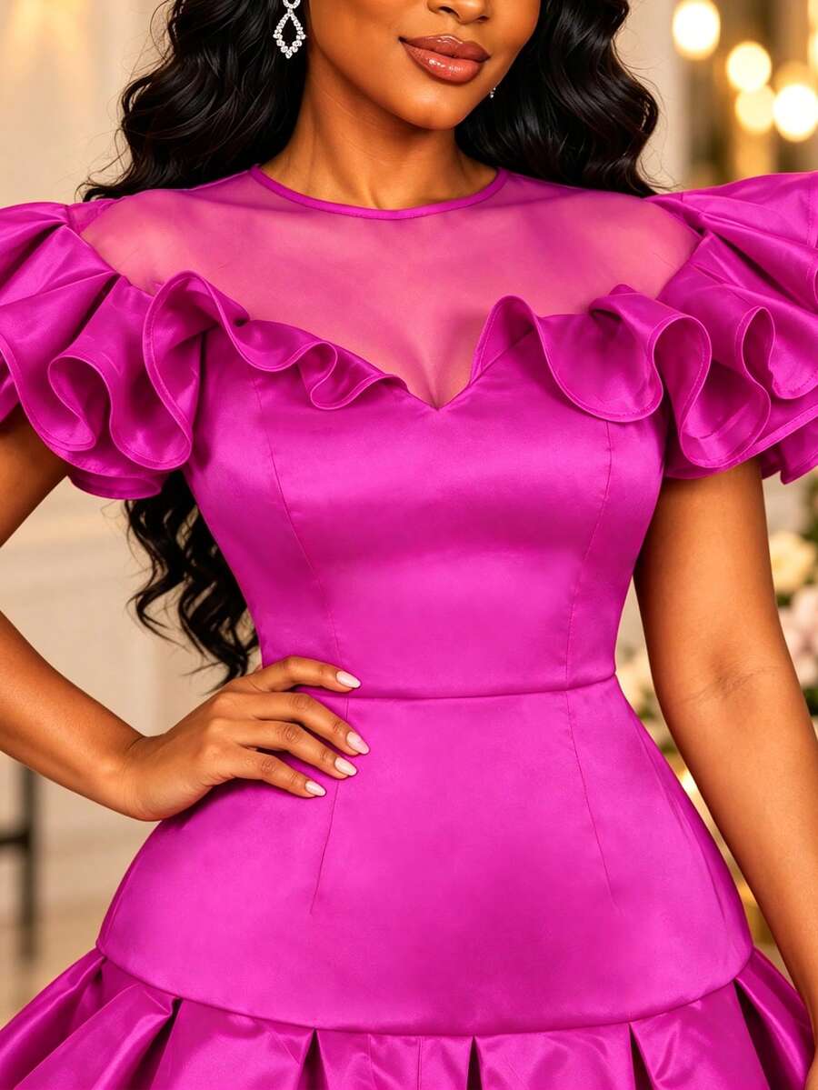 AOMEI Chic Women Fuchsia Satin Mini Dress Sheer Mesh Neck Ruffle Shoulder Tiered Ruffle Hem Bodycon Short Party Evening Dresses - Hot Pink - View 1