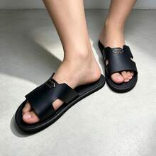 Men's Black Faux Leather One-Strap Slides With Metallic Buckle, Flat Bottom Casual Sandals For Daily Wear And Home Use - Black - View 2