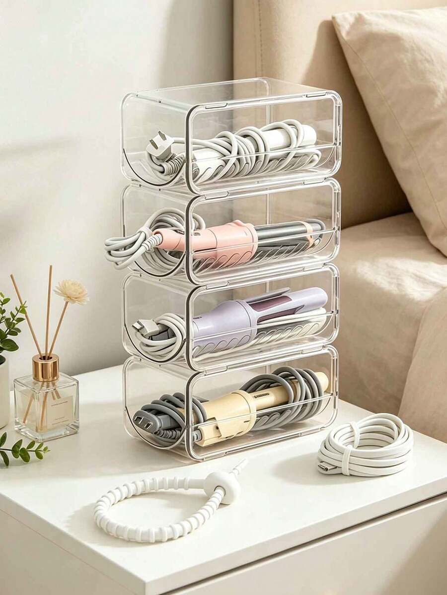 Transparent Curling Iron Storage Rack With Hair Dryer Cable Tie, Stackable Desktop Flat Iron & Curler Organizer, Bathroom Vanity Hair Tool Storage Box, Heat-Resistant Anti-Scald Hair Styling Tool Organizer. Transparent & Visible, Multi-Layer Stackable, Can Store Curling Irons & Flat Irons, Cable Organized Without Tangling, Easy Access, Keeps Neat & Dust-Free. Suitable For Home Makeup Desk, Bathroom, Student Dorm Desk, B&B Hotel Makeup Area. - Multicolor - View 1