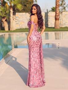 Women's Charming Sequin Floral Embroidered Off-Shoulder Cinched Waist Long Dress, Suitable For Formal Occasions And Balls - Watermelon Pink - View 2