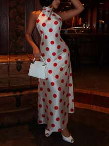 Elegant Sleeveless Halter Backless Polka Dot Long Dress For Women, Perfect For Party & Formal Occasions - White - View 2