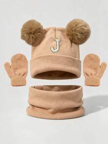 4pcs/Set Baby 26 Alphabet Pattern Double Pom Pom Knitted Hat, Scarf, Gloves Warm Cute Set, Suitable For Outdoor, Can Be Used As Birthday Gift - Khaki - View 8