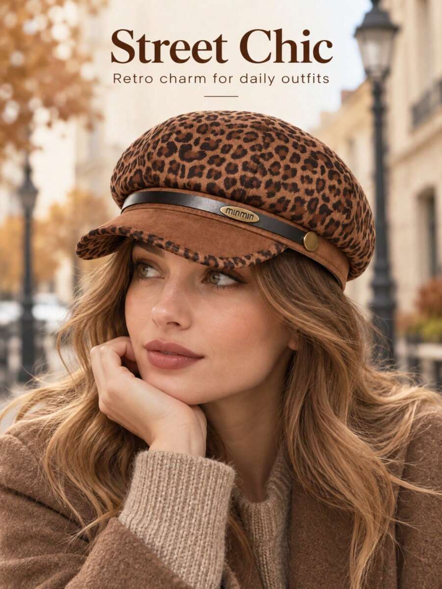 1pc Leopard Print Beret Hat Women American Vintage Octagonal Cap Large Head Circumference Face-Flattering - A - View 1