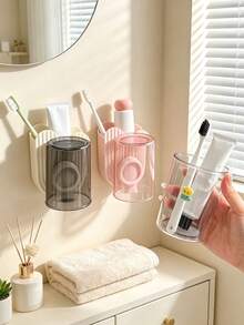 1PC/5PCS Punch-Free Wall Mount Toothbrush Storage Holder, Transparent Detachable Mouthwash Cup Included, Cartoon Print Bathroom Tooth Gear Organizer, Multifunctional Washroom Rack For Toothpaste & Toothbrush, Sweet Household Bathroom Storage Decor - Multicolor - View 9