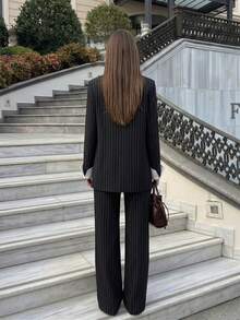 Setelan Blazer Garis-Garis dan Celana Panjang Lebar Wanita, Kerah Reguler, Lengan Panjang, Kain Tidak Melar, Cocok untuk Pakaian Musim Gugur - Hitam - View 4