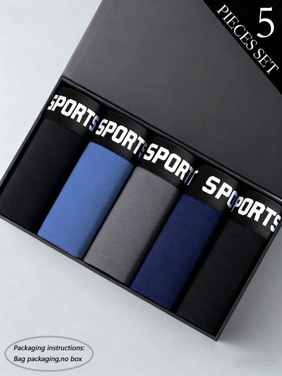 5-Pack Men's Loose Fit Underwear Set, Soft Polyester Fabric, Comfortable Letter Waistband, Suitable For Sports And Casual Wear, Bagged Without Box, Ideal Boyfriend Gift