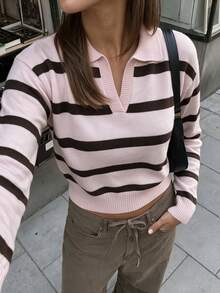 FOR BEAUTY Spring/Autumn Y2K Women's Knitted Top, Striped Colorblock Polo Collar, Half-Button Front, Long Sleeve, Loose Fit, Graduation Season Fall - Peach Blossom Pink Coffee - View 3