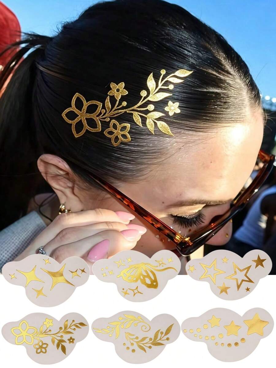 6 Sheets Gold Hair Tattoos Glitter Stickers Flash Tattoos With Star Flowers Butterfly Pattern Cute Sparkle Freckles Y2K Makeup For Rave Party Performance Music Festival Essentials - Gold - View 1