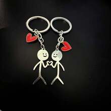 2Pcs Holiday Couple Match‑Stick Figure Keychain Set, Red Heart Alloy Bag Charm, Pendant For Backpack & Car Keys, Halloween Christmas Party Gift - Multicolor - View 2