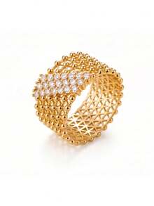 Gift Box Style Luxurious Gold Geometric Wide Band Ring, Inlaid With Cubic Zirconia And Beaded Edge, High-End Fashion Jewelry, Suitable For Women's Party Or Wedding Gift - Gold - View 6