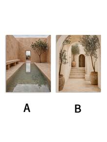 1/2pcs Bohemian Mediterranean Courtyard Canvas Wall Art, Warm Terracotta Color Pool Olive Tree Architecture Print, Rustic Neutral Aesthetic Poster, Bedroom Living Room Farmhouse Dining Room Home Wall Decor, Gift - Abstract Style - View 2