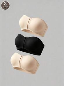 3件組女款無肩帶抹胸內衣，無鋼圈聚攏胸型，防滑前扣式舒適休閒日常穿著抹胸內衣 - 彩色 - 查看 9