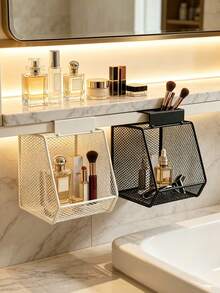 Under-Cabinet Hanging Mesh Storage Basket, Metal Cosmetic Organizer Rack, No-Installation Makeup Storage Shelf, Large Capacity For Makeup Brushes, Perfume, Lipstick, Bathroom Vanity And Cabinet Storage, Space-Saving Home Storage Accessory - Multicolor - View 4