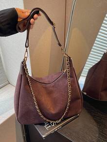 New Fashion Matte Suede Chain Shoulder Bag, Baguette Bag, Crossbody Retro French Style Square Patchwork - Coffee - View 8