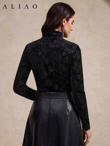 ALIAO Women's Solid Color Embossed Velvet Long Sleeve Top, Elegant Daily & Date Style, Autumn/Winter - Black - View 8