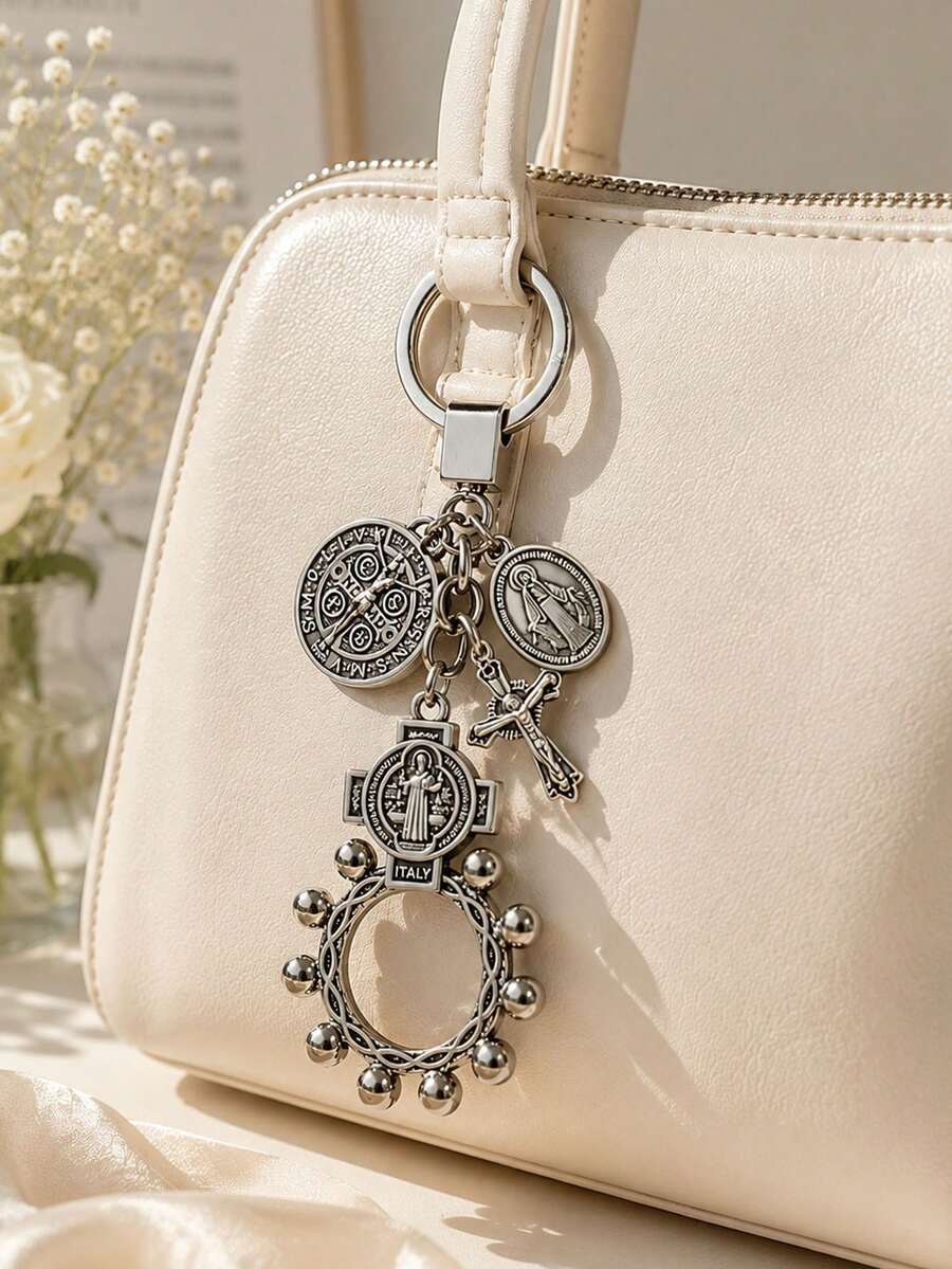 1pc Large Size Reinforced Multi-Pendant Keychain, Ring Rosary Keychain, Auspicious Keychain Ornament, Suitable For Bag Decoration - Multicolor - View 1