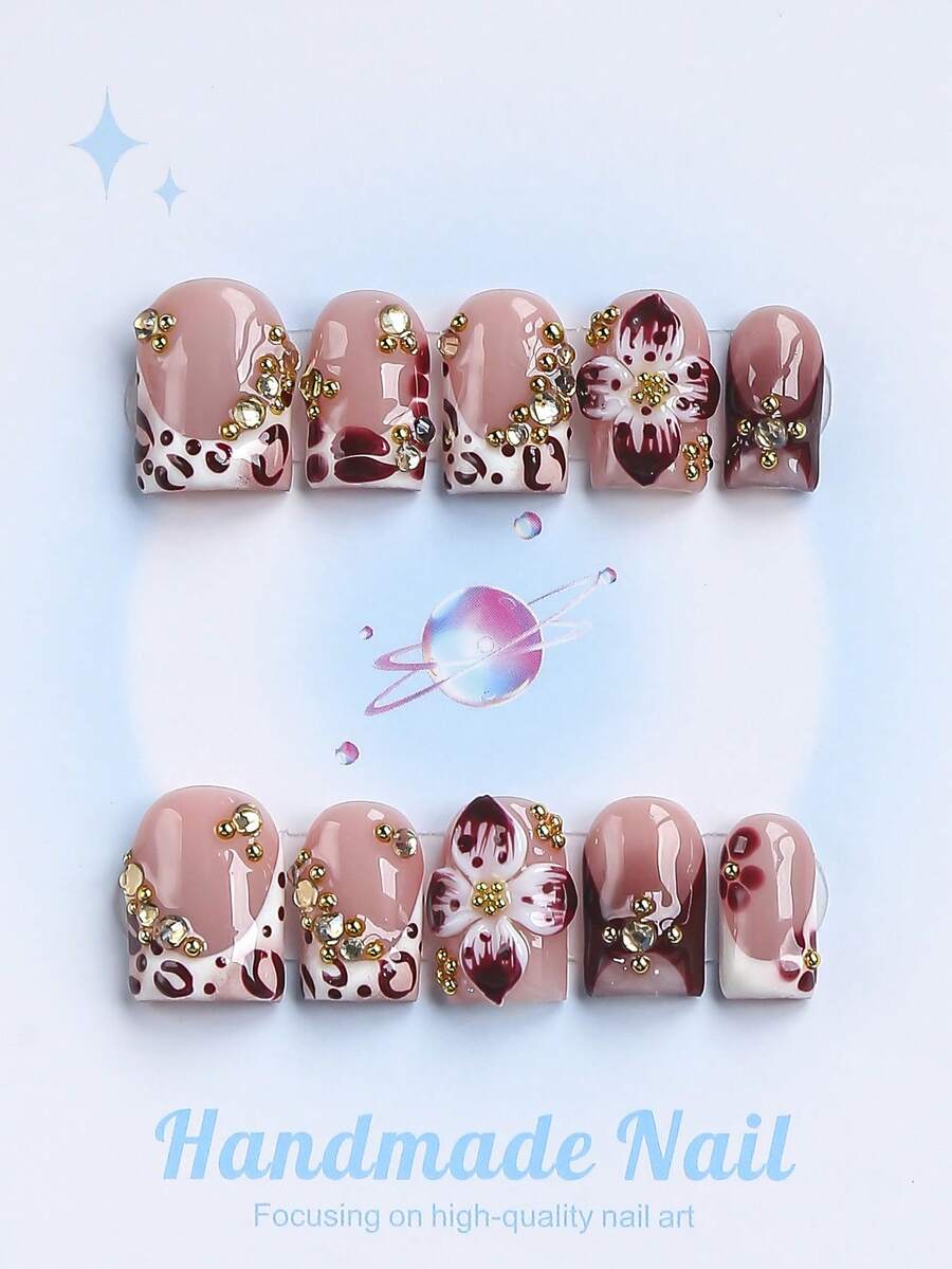 10PCS-Handmade Press On Nails, Square Shape, Fake Nails, Fall Nails, Y2K Style, Sturdy, Reusable, Brown, Paired With French Style, 3D Design, Suitable For Autumn,Daily Wear, Parties, Vacations, And Also The Best Holiday Gift For Women. - Brown - View 1
