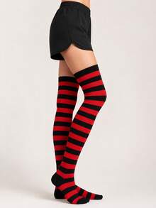 A Pair Of Over-The-Knee Socks In A Classic Red-And-Black Color Scheme-A Timeless Style And Classic Look That Is Perfect For Christmas Or As A Gift. - Red - View 2