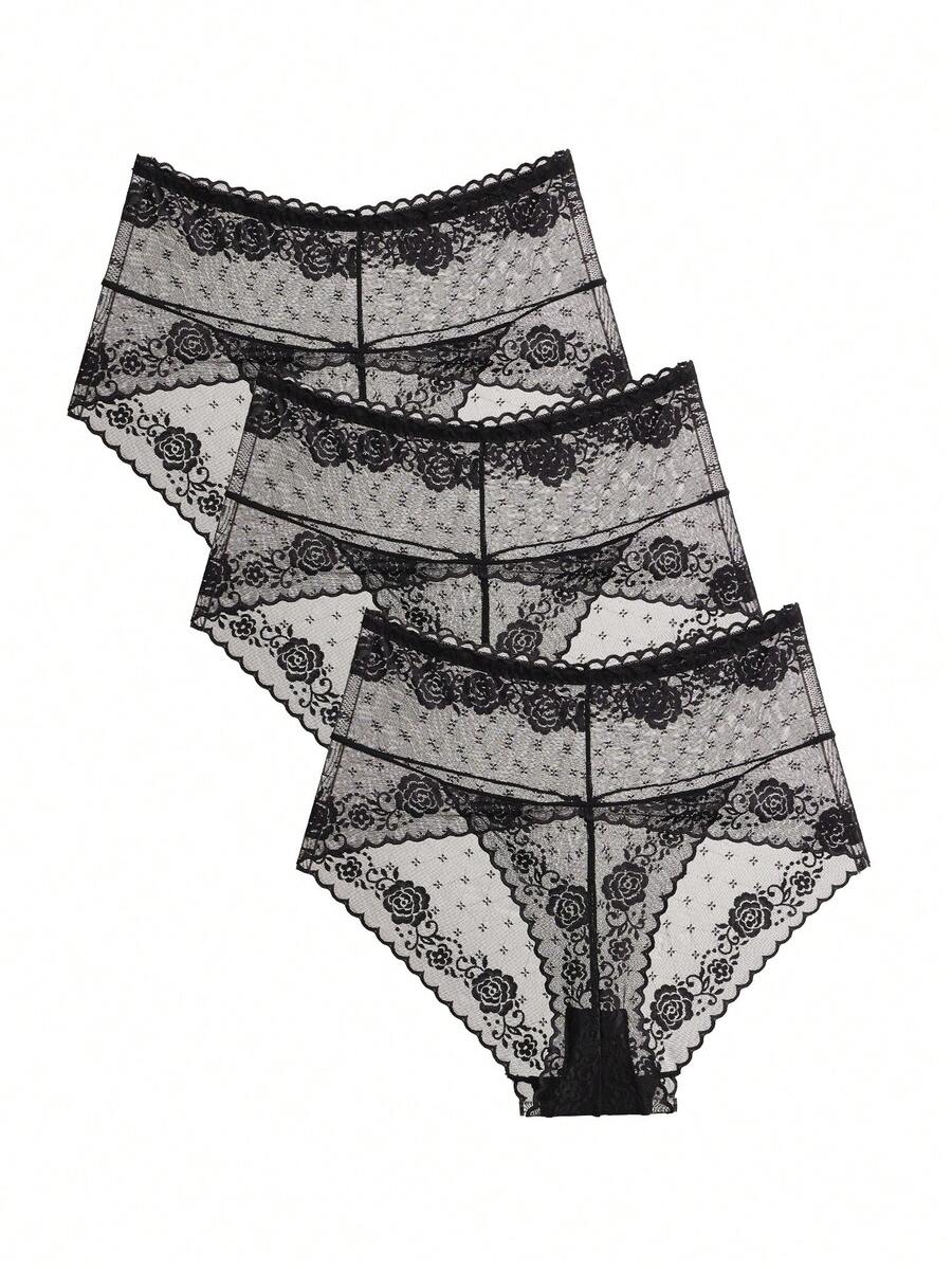 3PCS Plus Size Women's Semi-Transparent Sexy Lace Lingerie - Black - View 1