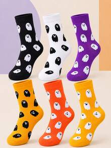 3 Pairs Women's Cute Ghost Print Mid-Calf Socks, Soft Elastic Knitted Socks, Multi-Color Fun Print Socks, Casual Daily Streetwear Aesthetic Socks, Girls Multi-Color Combination Socks - Multicolor - View 1