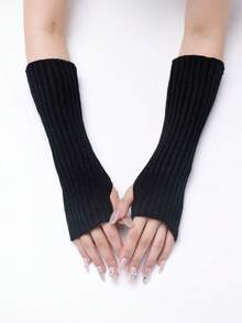 1pair Teen Girls Stretchy Ruched Knit Long Arm Cuffs, Solid Color Fingerless Hand Warmers For Party & Street Styling - 1Pair - View 7