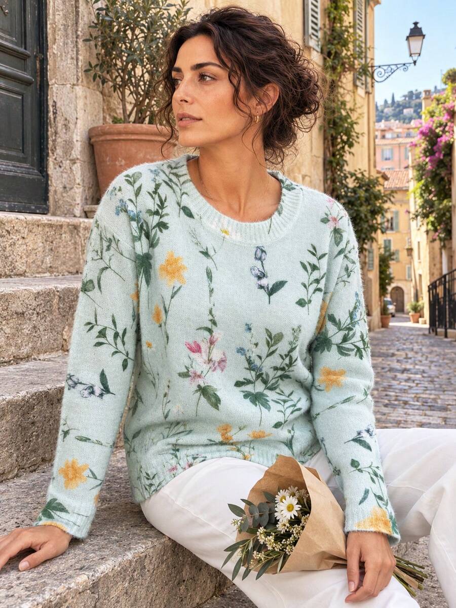 Women's Printed Long Sleeve Pullover Sweater, Ribbed Knit Detail, Regular Length, Polyester Medium Stretch Top, Suitable For Autumn/Winter Wear - Green - View 1