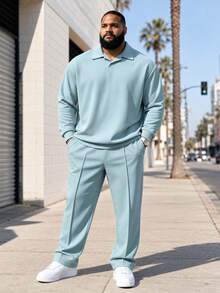 Plus Size Men's Polo Set, Autumn Long Sleeve Long Pants Casual Solid Color Plus Size Set For Men, Suitable For Daily Wear Plus Size Men's Clothing - Baby Blue - View 1